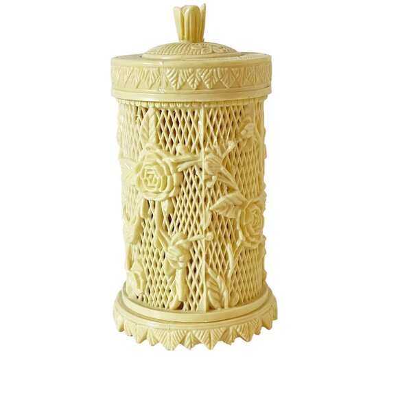 Vtg 70’s Hong Kong Rose Trellis Celluloid Plastic Container Hors d'oeuvres Forks - Picture 3 of 7